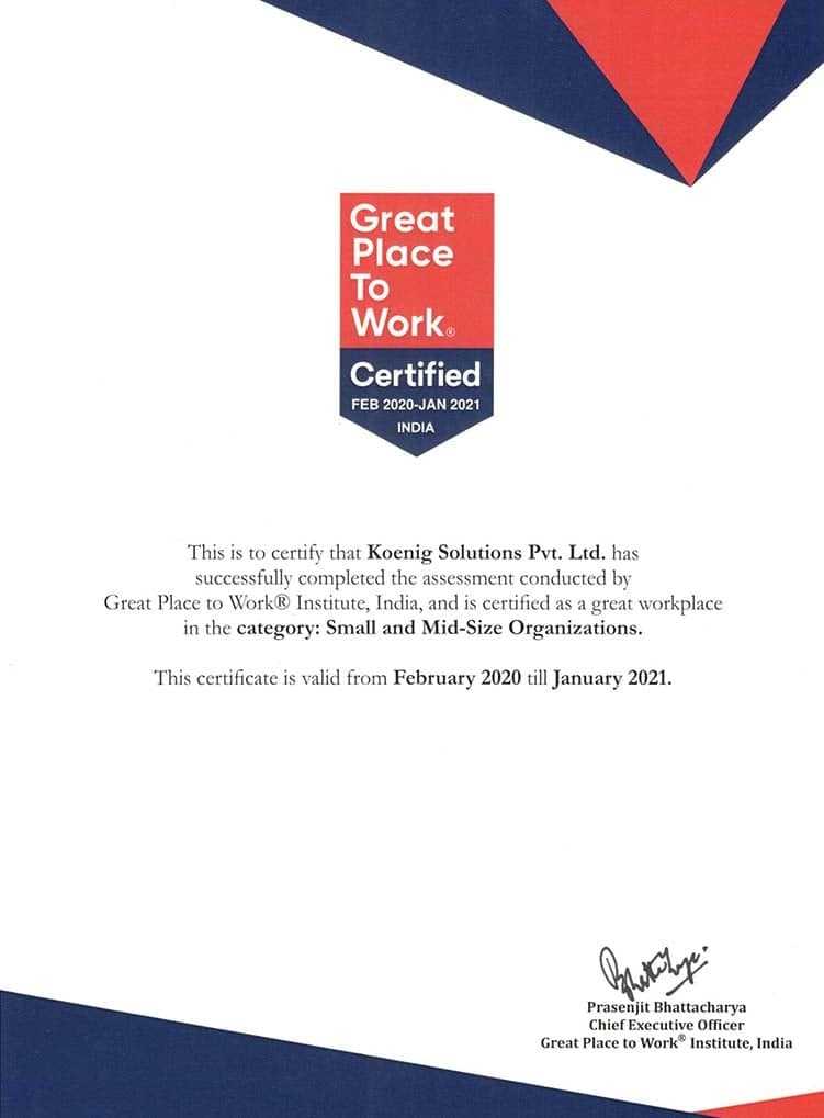 Koenig Awards, Great Place to Work Certified 2020